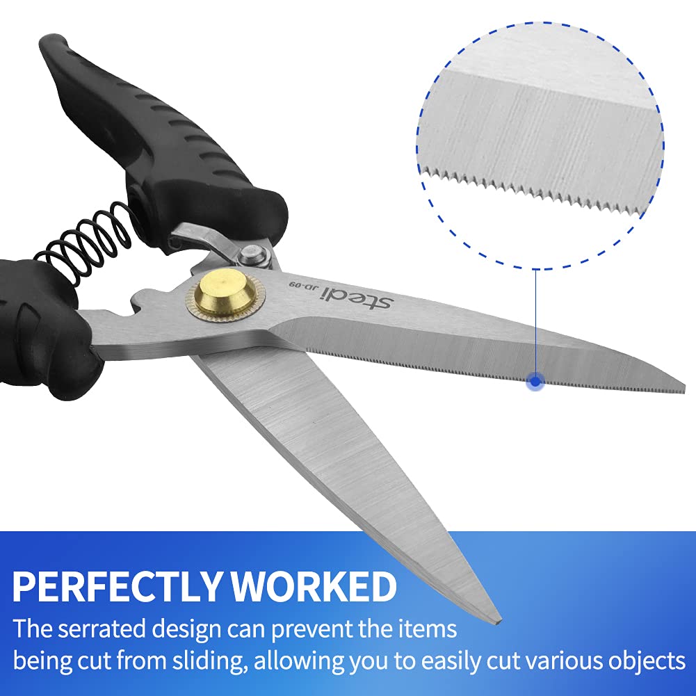 stedi 8.2-inch Multipurpose Heavy Duty Scissors, Extended & Reinforced Ultra Sharp Blades with Finely Serrated, High Carbon Stainless Steel Shears for Household Pruning, Office, Gardening, Black