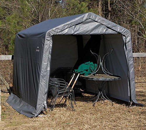 ShelterLogic 10' x 10' Shed-in-a-Box All Season Steel Metal Peak Roof Outdoor Storage Shed with Waterproof Cover and Heavy Duty Reusable Auger Anchors, grey