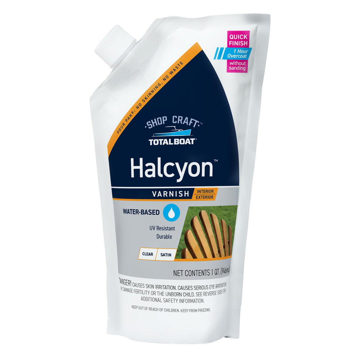TotalBoat Halcyon Water-Based Marine Varnish | Fast-Drying Polyurethane Wood Finish for Boats, Outdoor Furniture, and Woodworking | Clear Satin, Quart