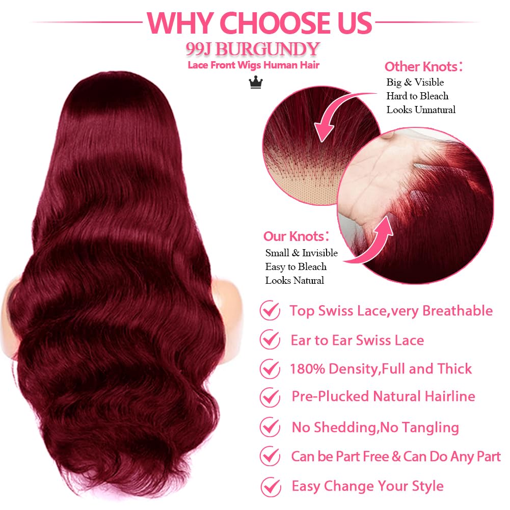 22inch 99j Burgundy Lace Front Wigs Human Hair Pre Plucked 180% Density 13x6 Body Wave HD Transparent Lace Frontal Glueless Wigs Human Hair Red Wigs For Black Women Natural Hairline with Baby Hair