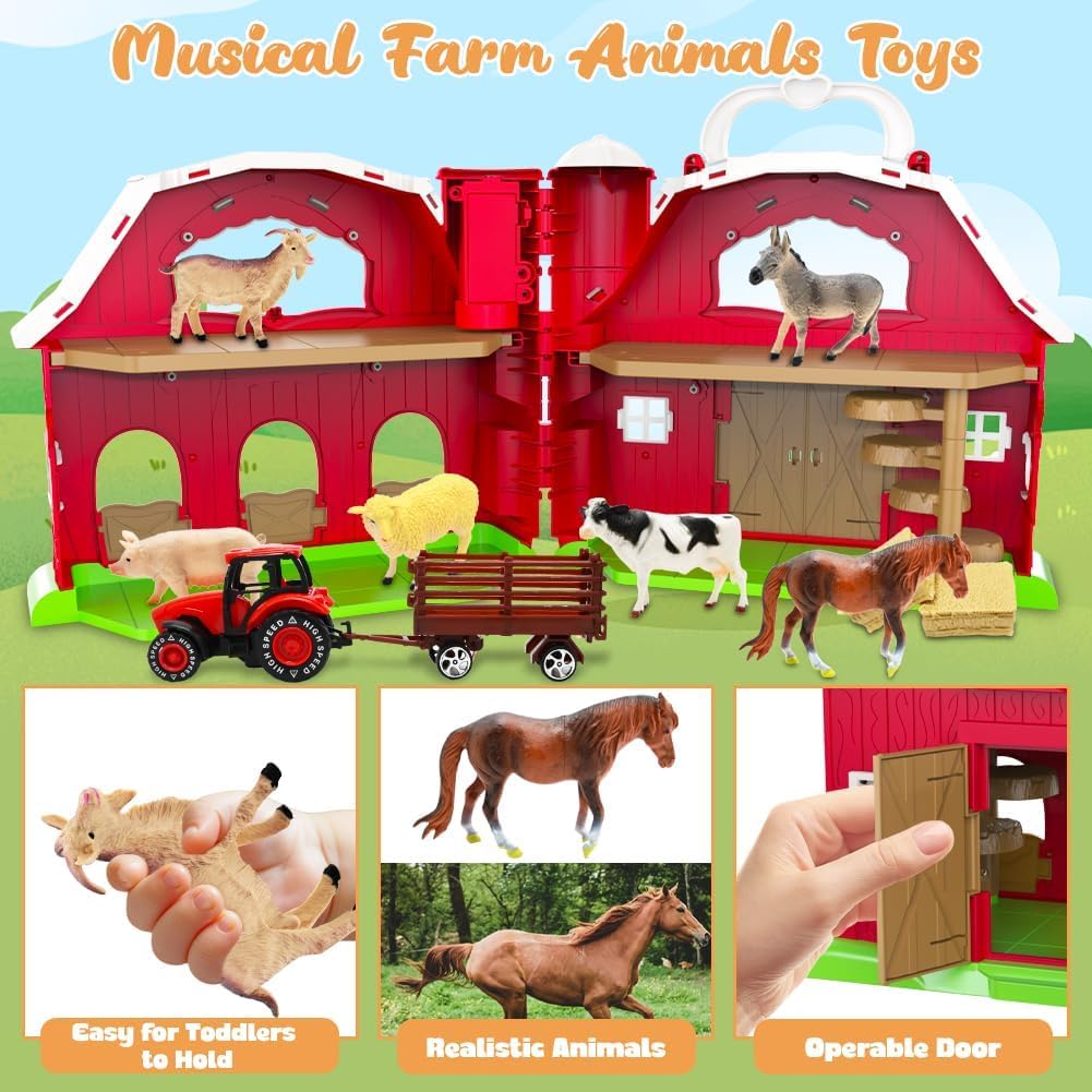 Big Red Barn Toys for Toddlers 1-3, Farm Animal Figures Playset with Tractor for 2 3 4 5 Year Old Kids, Musical Preschool Montessori STEM Learning Toys, Christmas Birthday Easter Gift for Boys Girls