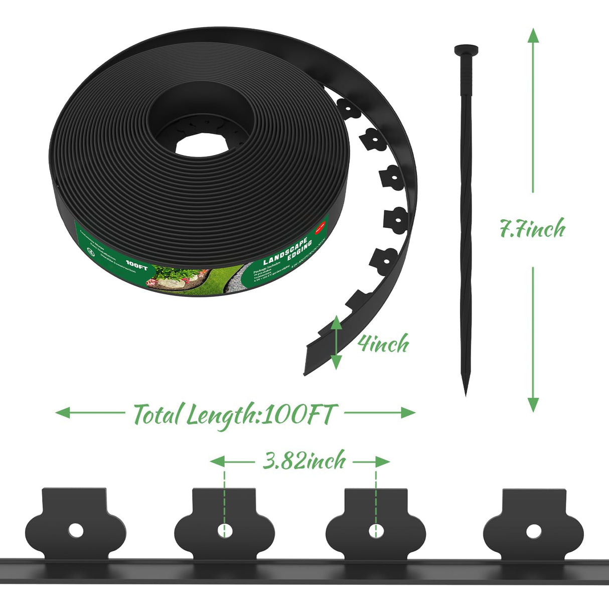 Mars Villa Landscape Edging, 4‘’ Tall 100FT Garden Border Edging Kit with 99 Anchoring Spikes, Decorative Flexible Lawn Edging Cover 75㎡ for Lawn, Yard, Flower Bed (Black, 4IN, 100FT)