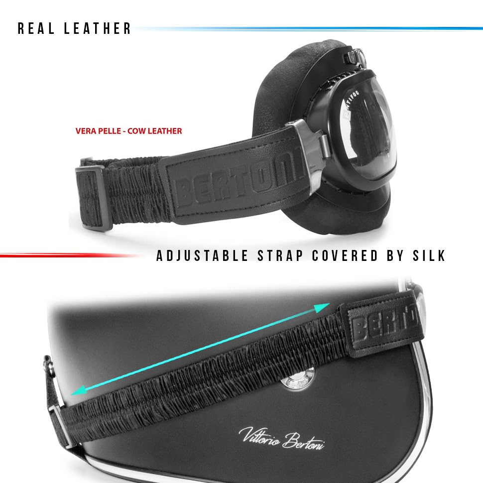Bertoni Motorcycle Goggles Real Black Calfskin Leather AF191L Italy Vintage Aviator Bikers Glasses