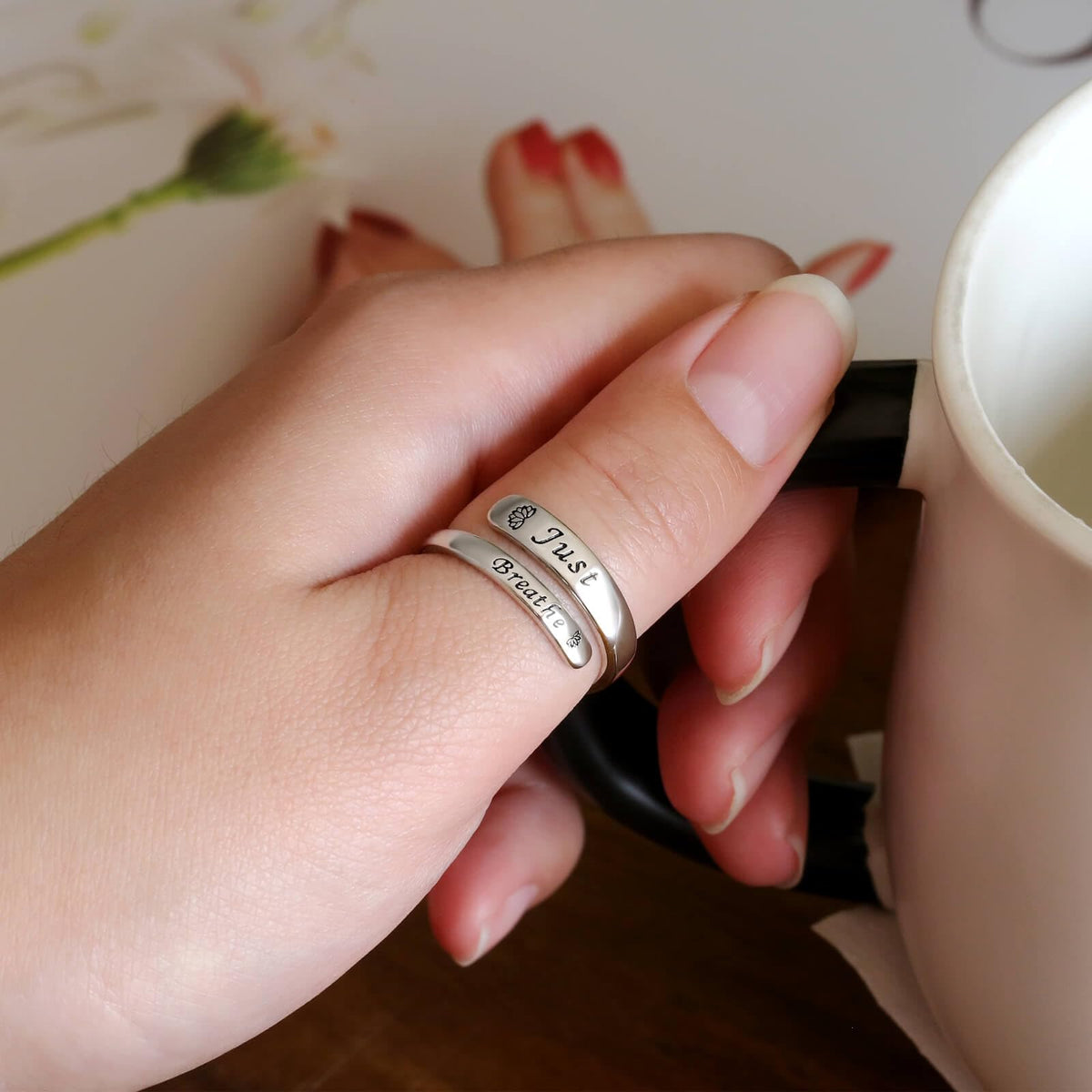 oGoodsunj Sterling Silver Just Breathe Ring for Women: Inspirational Encouragement Rings Adjustable I Am Fearless Motivational Jewelry Gift (Just Breathe)