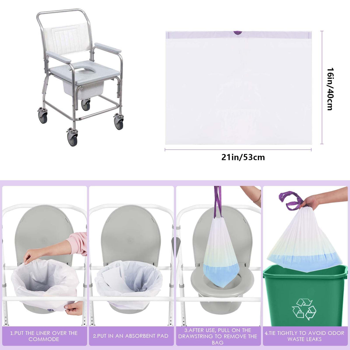 Elzrghs Commode Liners with Absorbent Pads for Bedside Commode, Commode Toilet,50 La-Vender Scented Bedside Commode Liners and 50 Commode Pads, White