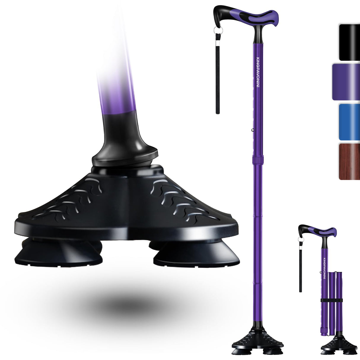 KingPavonini Walking Cane for Men Women Stability, Free Standing Foldable Cane, Ergonomic Handle Pivoting Quad Base, Heavy Duty 350 LBs, Adjustable Walking Canes for Seniors Balance with Travel Bag