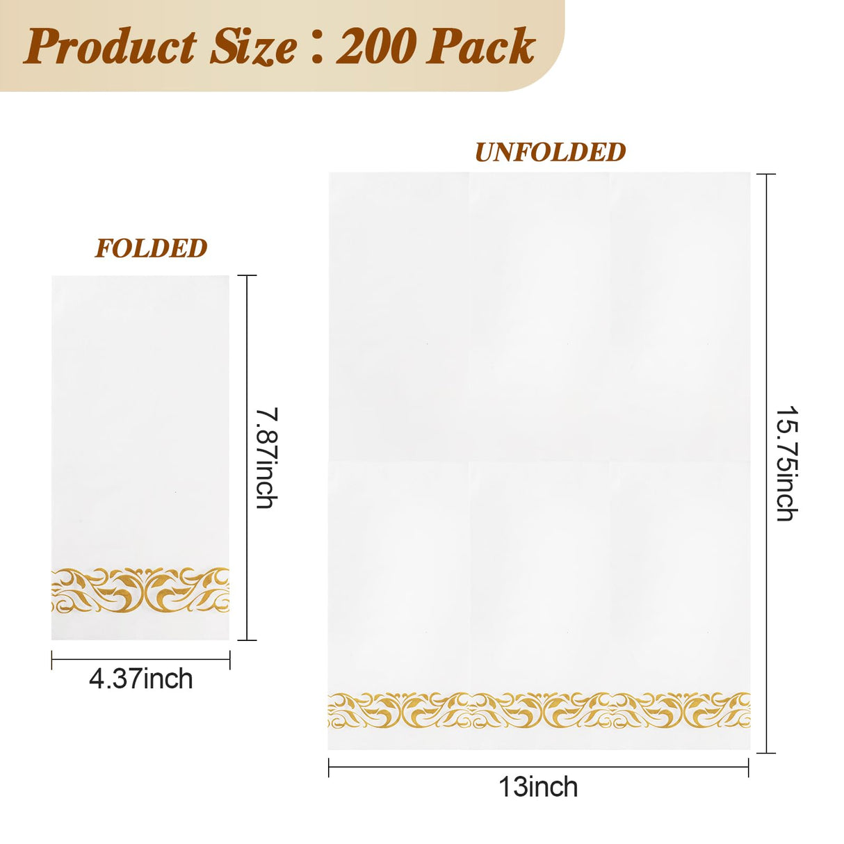 BESTVIP 200 Pack Disposable Paper Napkins,3-Ply Dinner Napkins with Gold Trim for Guests,Bathroom Paper Hand Towels Soft and Absorbent,Perfect for Christmas,Kitchen,Dinner,Party,Wedding or Event