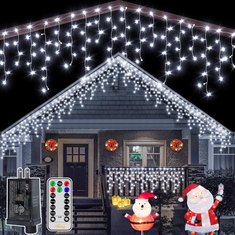 Ollny Icicle Lights for Outside 504LED 41FT, Cool White Christmas Light with Remote 8Modes Timers Waterproof, Plug in Connectable Hanging Lights for Outdoor Indoor House Roof Holiday