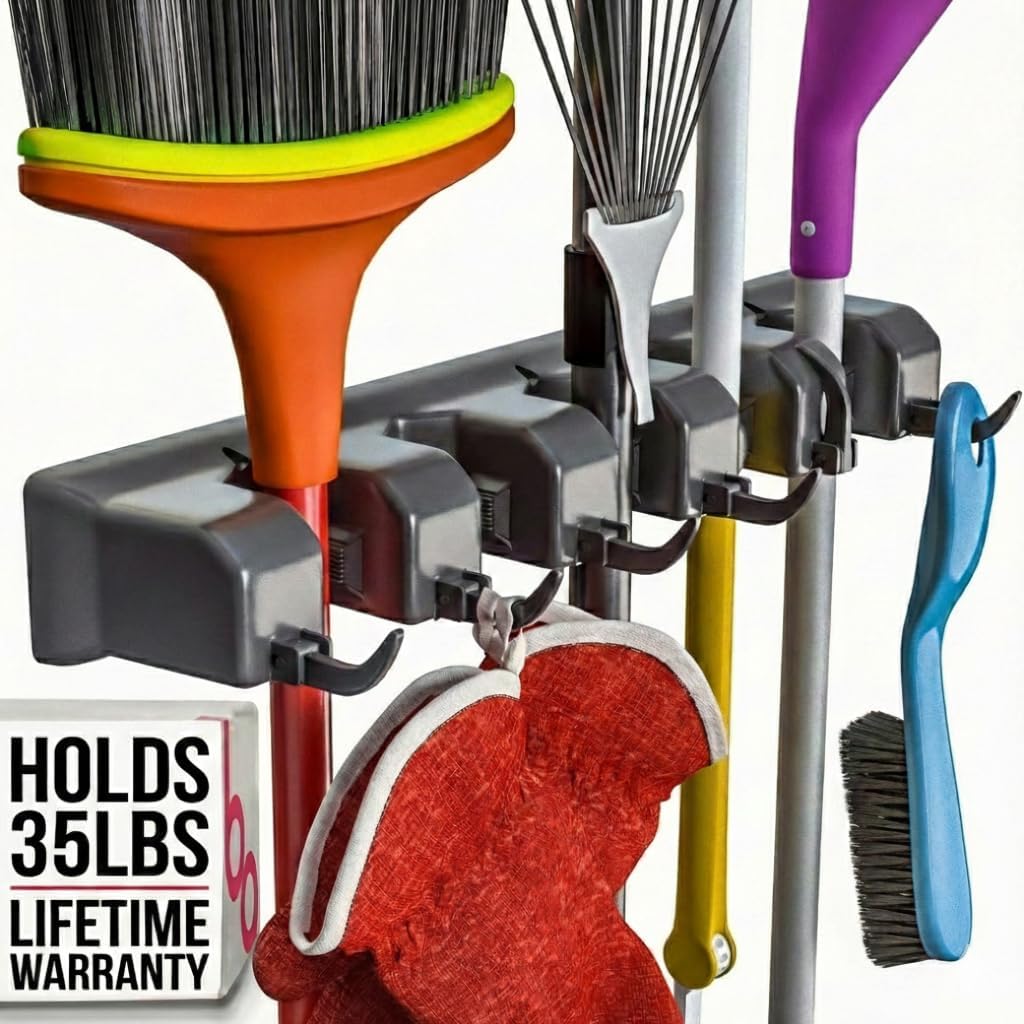 Berry Ave 5 Racks 6 Hooks Mop and Broom Holder Wall Mount, Broom Organizer Storage Tool Rack, Heavy Duty Wall Mount for Brooms and Mops, Utility Closet Garage Kitchen Laundry Organizer