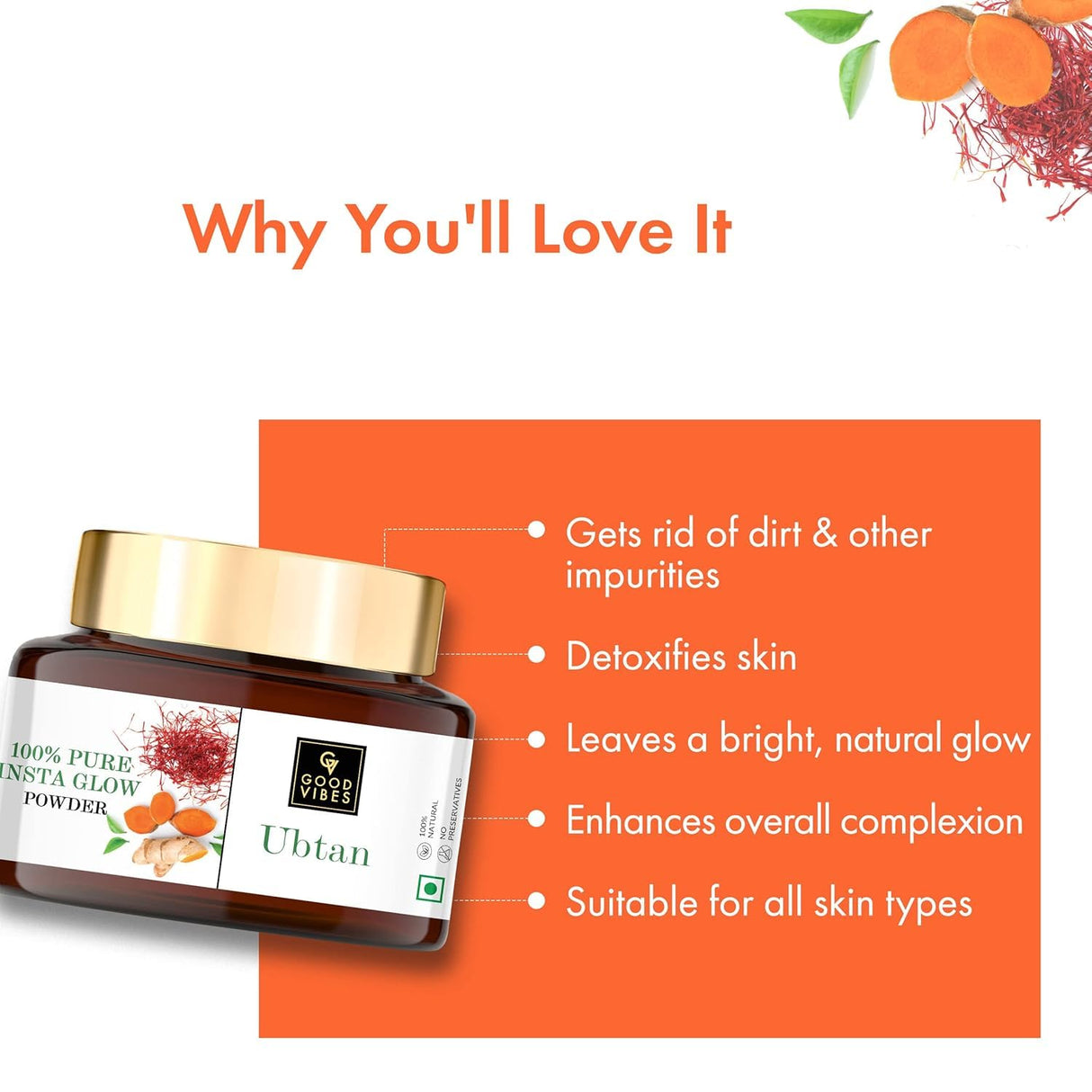 Good Vibes Ubtan Insta Glow Powder for Face | Hydrating Pack with Turmeric Saffron & Sandalwood | Suits All Skin Types | No Parabens Sulfates & Mineral Oil | 5.29 Oz/150g