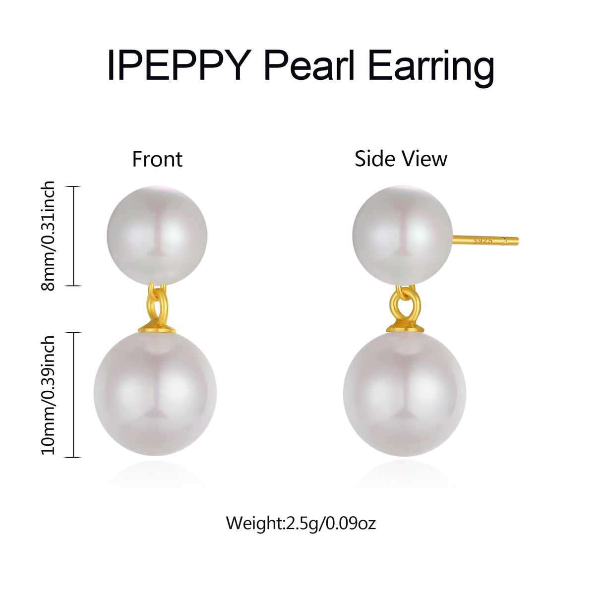 IPEPPY Double Pearl Drop Earrings for Women 925 Sterling Silver (Gold)