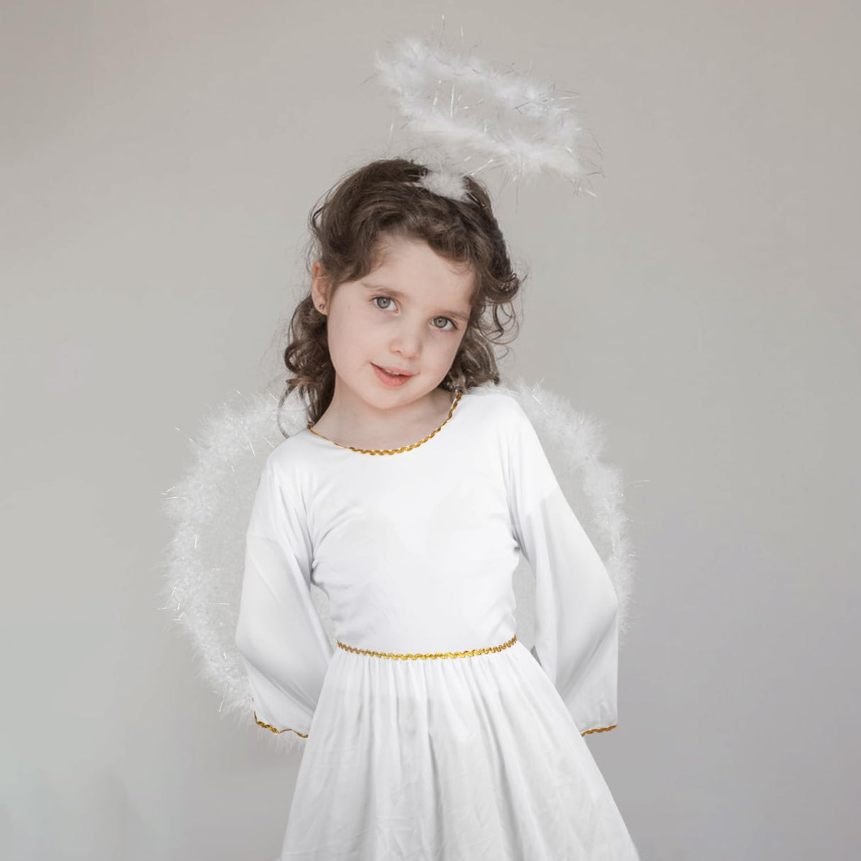 DERAYEE Angel Costume for Kids, Heavenly White Angelic Gown with Wings Headband for Girls Christmas Holiday Dress Cosplay Party