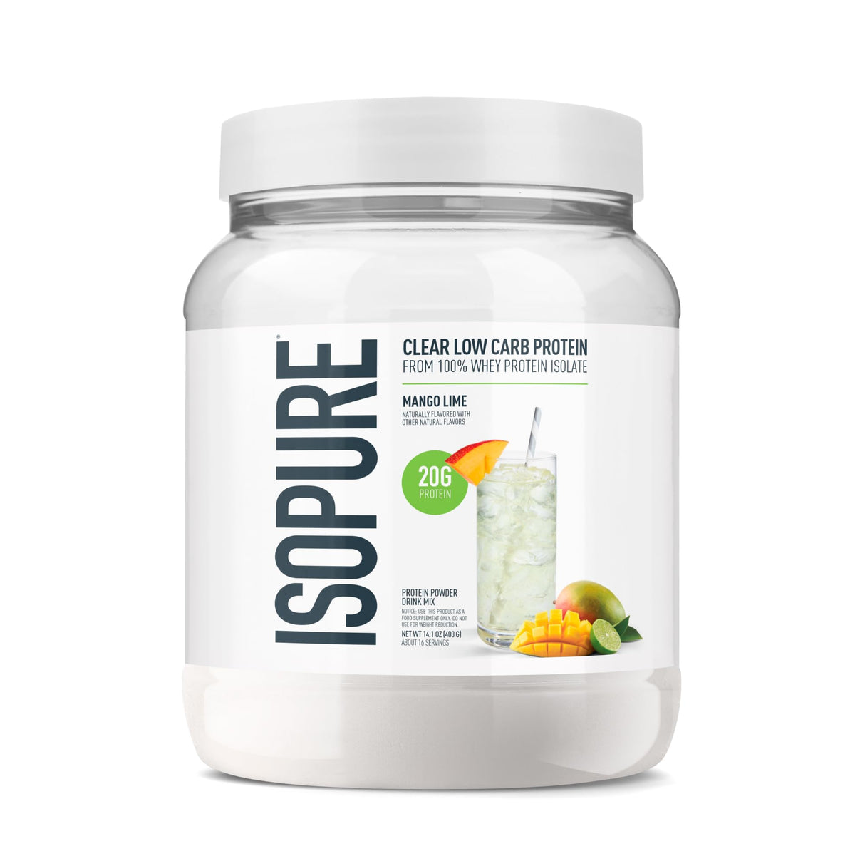 Isopure Clear Whey Isolate Protein Powder, Lactose Free, Gluten Free, Naturally Flavored, Mango Lime, 20g Protein Per Serving, 14.1 Oz, 16 Servings (Packaging May Vary)