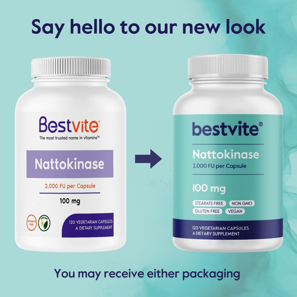 BESTVITE Nattokinase 100mg (2000 FU) (120 Vegetarian Capsules) - No Stearates - Vegan - Non GMO - Gluten Free