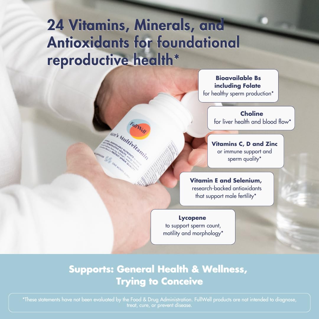 FullWell Men's Daily Multivitamin with Vitamin D, Antioxidants, Choline, and B Vitamins for Optimal Sperm Quality, Hormone Health, and Overall Male Fertility, 3rd Party Tested, 30 Servings