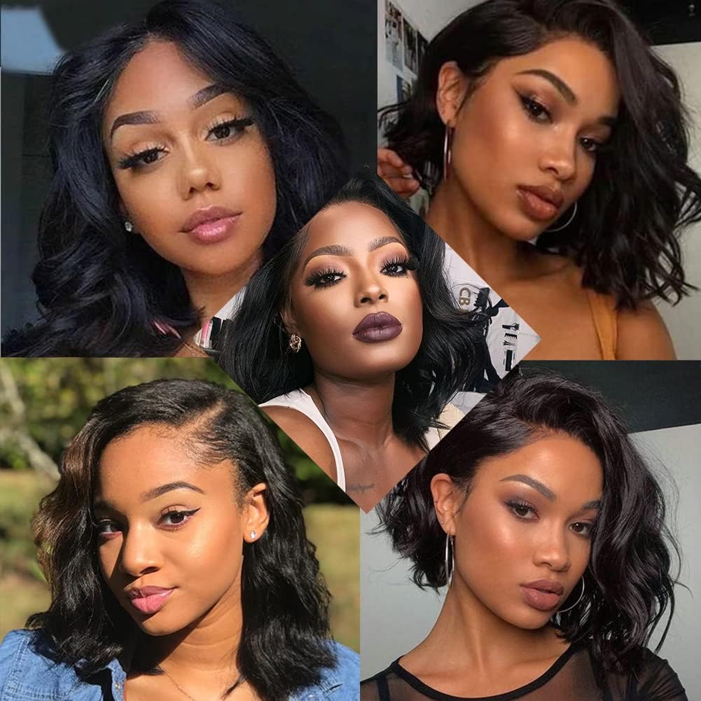 Douyin Bob Wig Human Hair 13x4 Frontal Lace Wig 14 Inch Body Wave 180% Density HD Lace Front Wigs Human Hair Pre Plucked Bob Wigs for Women (14 inch, Natural Black)