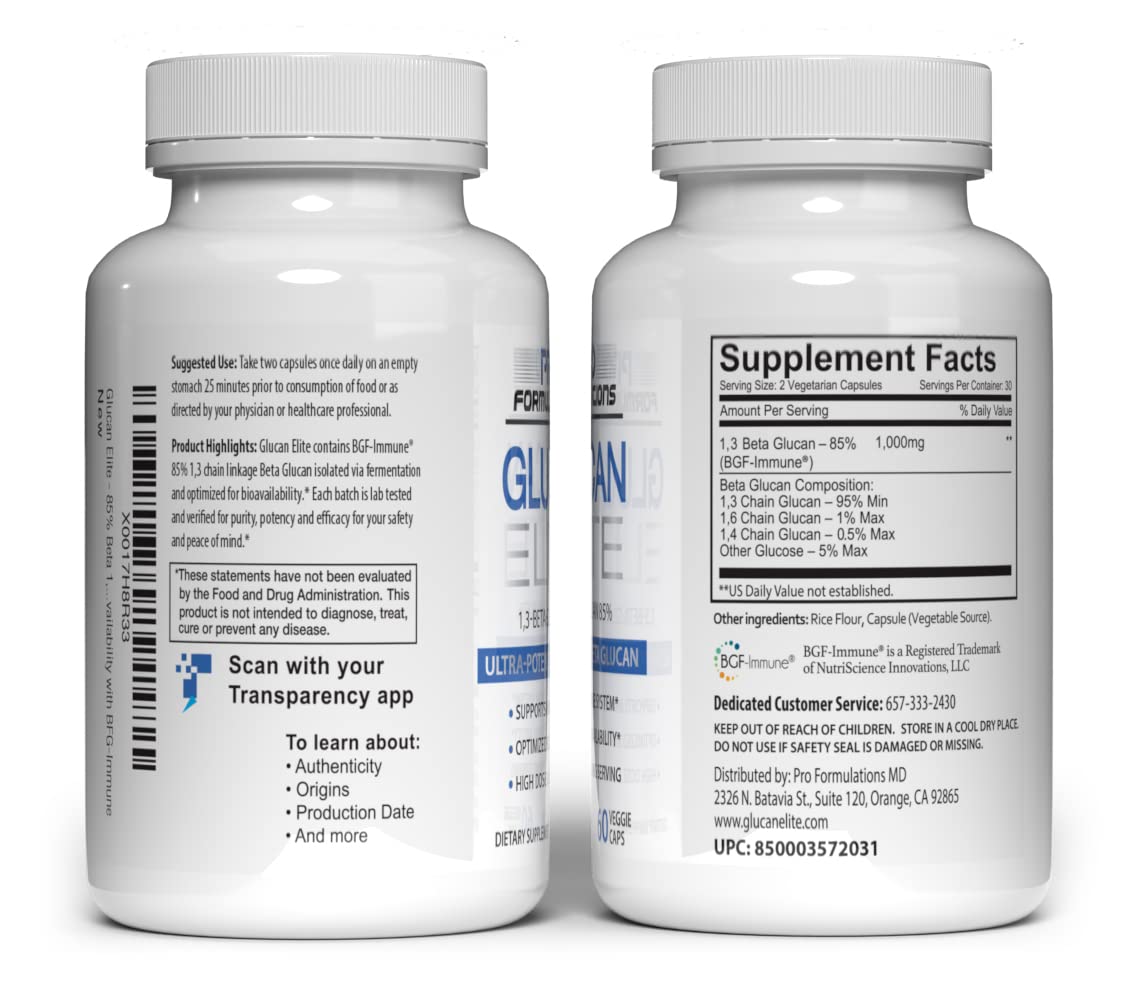 Glucan Elite – 85% Beta 1,3D Glucan 500mg - 60 vcaps | 85% Minimum Active 1,3 Linkage Ultra-Potency Beta Glucan – Highest Bioavailability with BGF-Immune (Pack of 3)