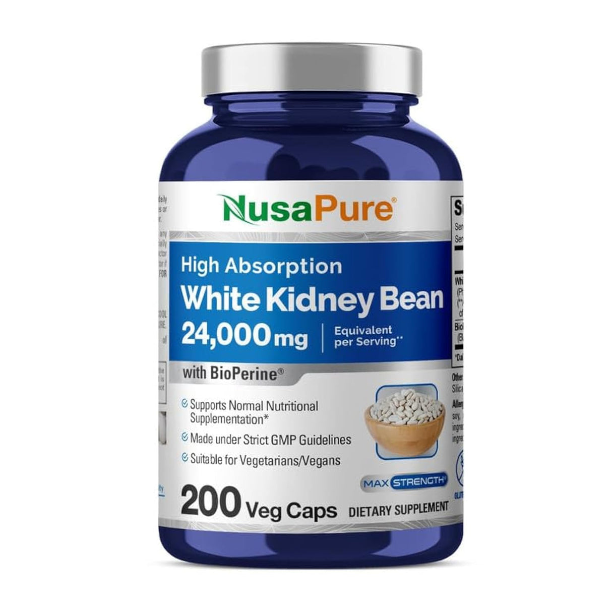 NusaPure White Kidney Beans 24,000mg per Serving - Bioperine - Extract 30:1 (Vegan, Non-GMO)