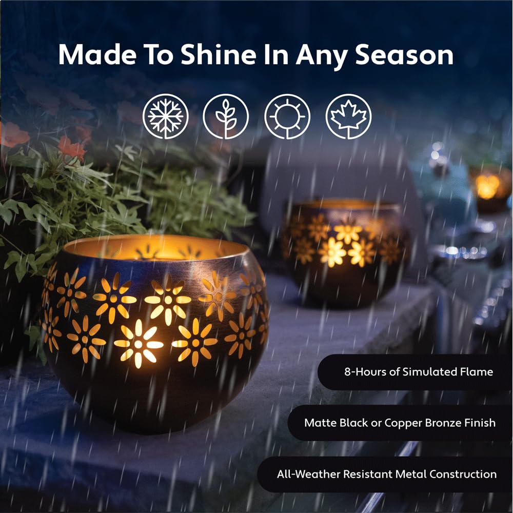 Original Solar Fire Bowl (1-Pack) Outdoor Waterproof Solar Lanterns - Metal Porch Lights with Flickering Flame for Tabletop, Patio, Garden & Landscape Decor (Matte Black)
