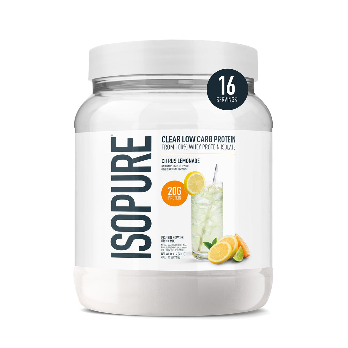 Isopure Clear Whey Isolate Protein Powder, Lactose Free, Gluten Free, Naturally Flavored, Citrus Lemonade, 20g Protein Per Serving, 14.1 Oz, 16 Servings (Packaging May Vary)