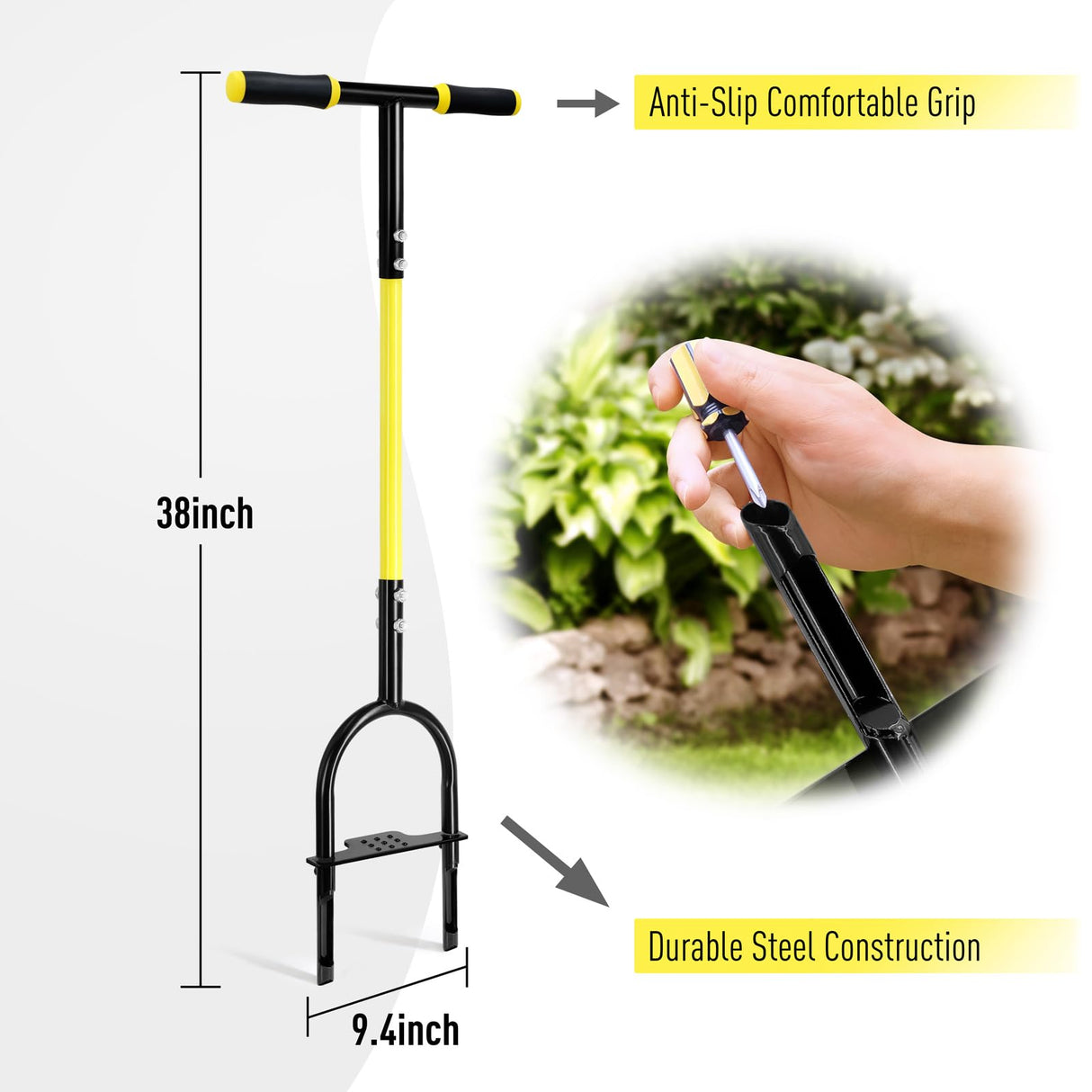 Jardineer Manual Core Aerator Lawn Tool with 2 Hollow Tines, 38" Sharp Grass Aerator for Compacted Soil & Yard Care, Heavy Duty Garden Aerating Tool with Anti-Slip Foot Bar & T-Handle for Lawn Health