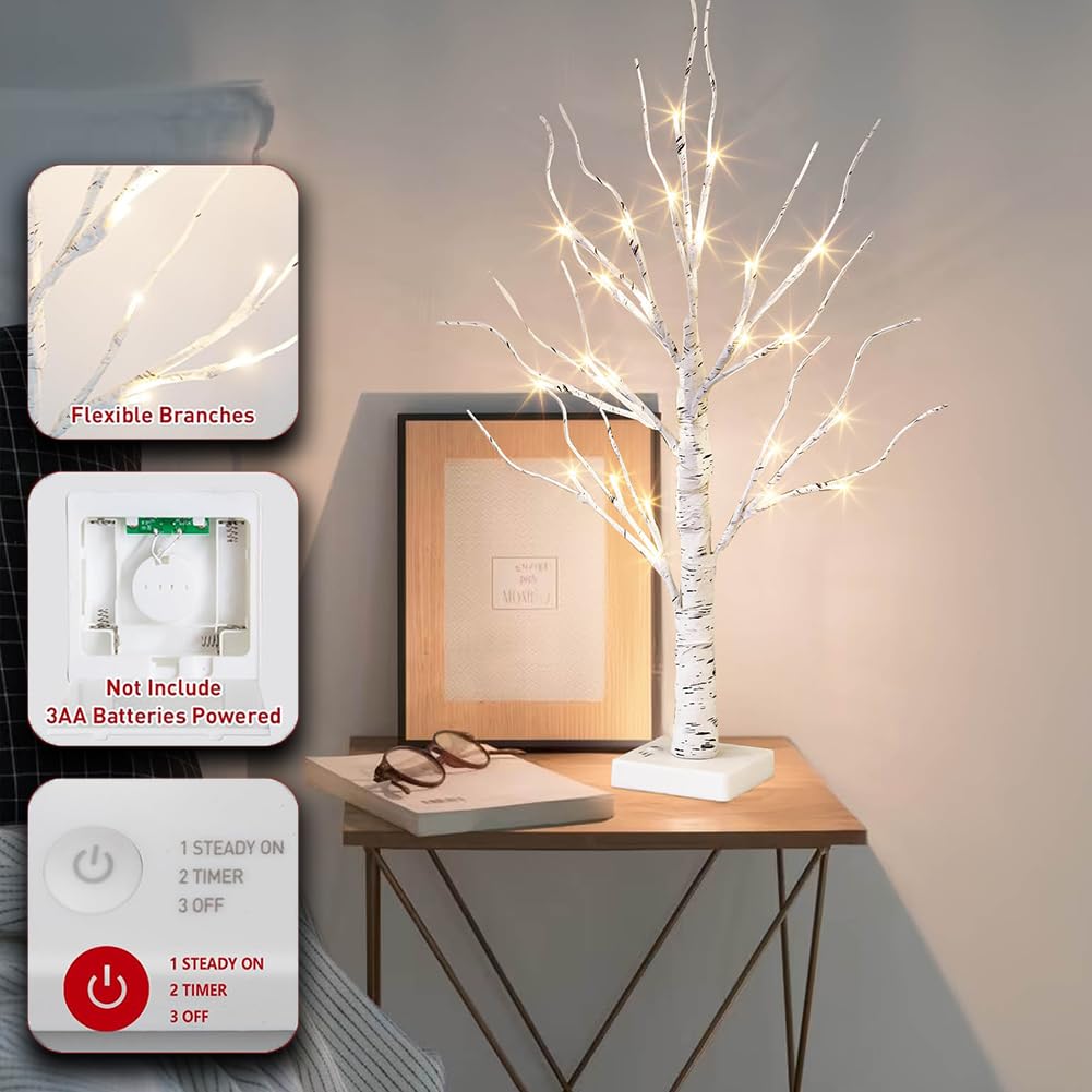 Vanthylit White Birch Tree with LED Lights - Set of 2, Tabletop Tree with Timer, Christmas Decorations Lighted Tree for Indoor Mantel Home Decor (2 FT, 24 LED)