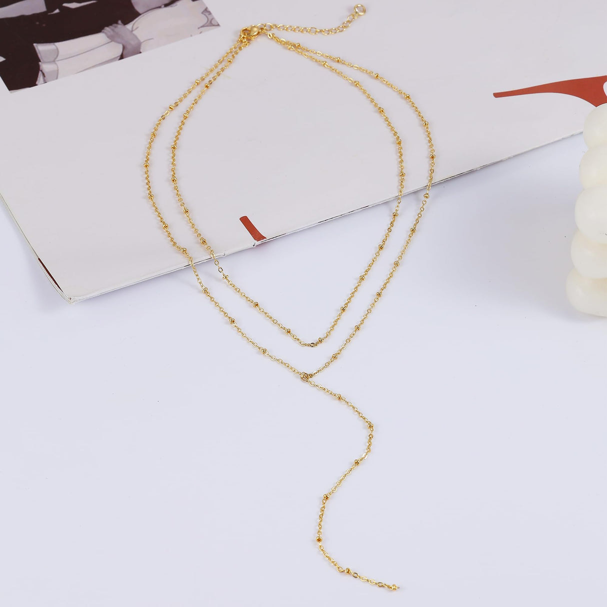 Foxgirl Lariat Gold Necklace for Women, Dainty Long Necklace 14k Gold Plated Satellite Y-Shaped Pendant Necklace Trendy Layered Chain Drop Necklaces Simple Gold Jewelry for Women Gift