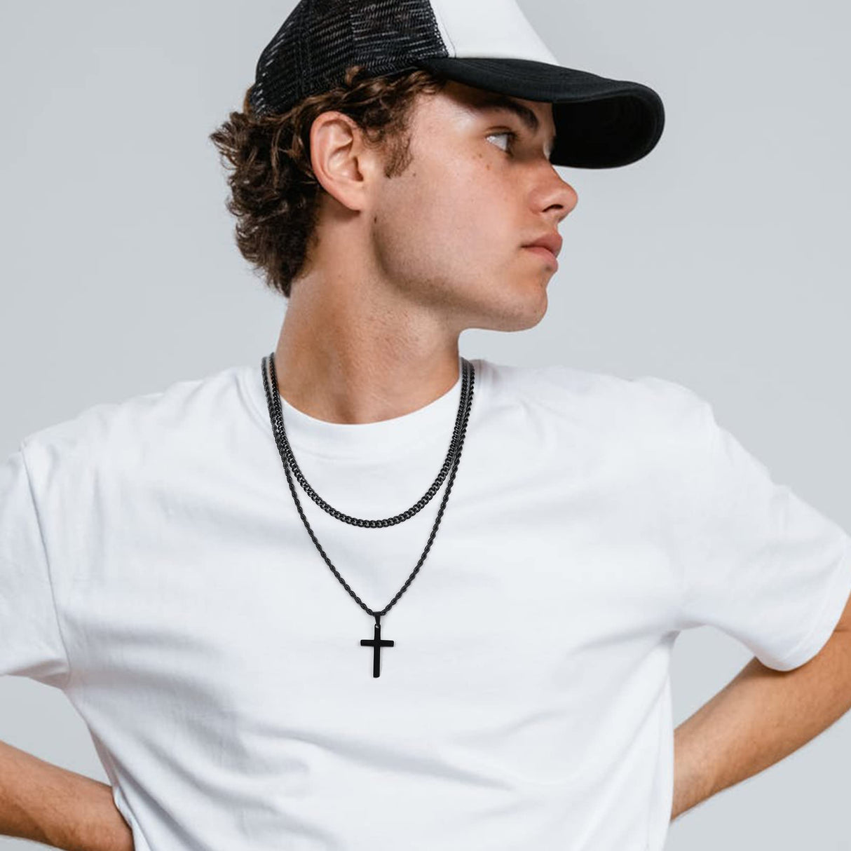 Yooblue Cross Necklace for Men, Mens Necklace Silver Layered Rope Chain Cross Pendant Simple Necklace Jewelry Gifts Dainty Cross Chain Necklace for Men 22 24 Inch Mens Gifts