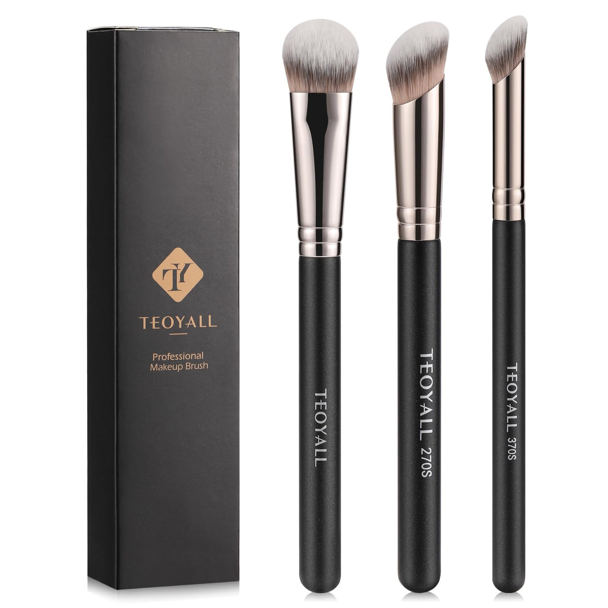 TEOYALL Contour Conceal Brush Set, 3PCS Angled Synthetic Under Eye Concealer Brush for Blending Setting Buffing with Liquid, Cream and Powder Cosmetic (270S/370S/Angled)