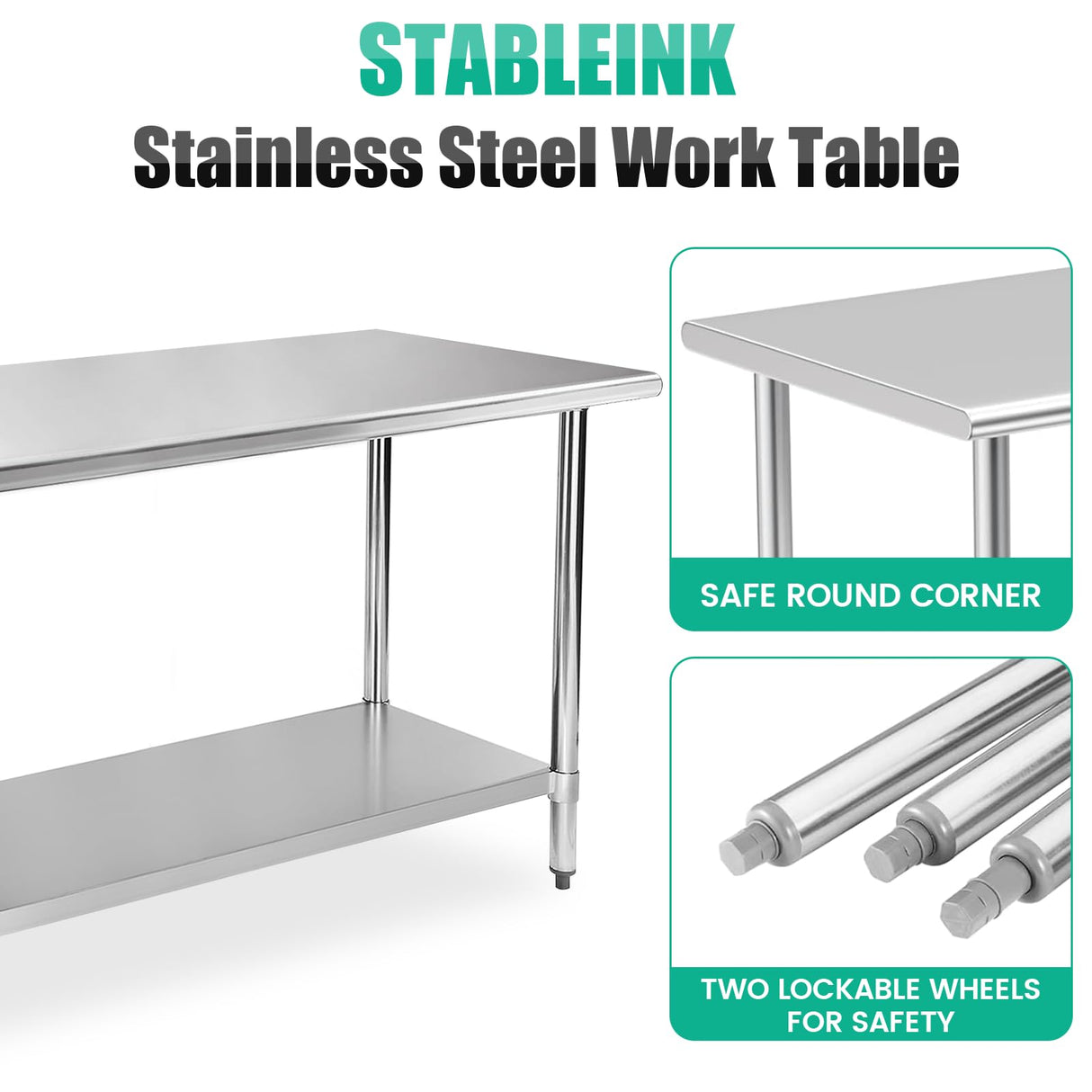 STABLEINK NSF Stainless Steel Table 30 x 60 Inches 5ft Metal Prep & Work Tables with Adjustable Undershelf, for Commercial Kitchen, Restaurant, Hotel, Laundry Room and Garage