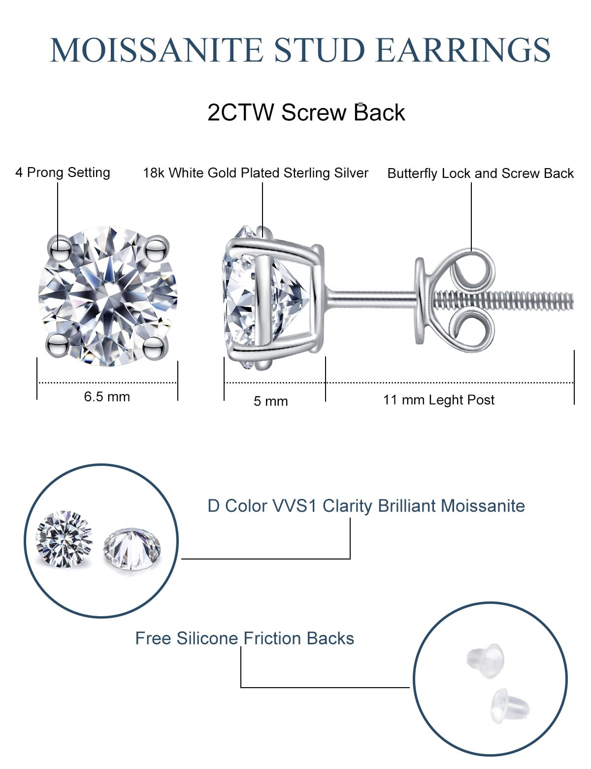 Moissanite Stud Earrings Hypoallergenic 925 Sterling Silver stud Earrings for Women Round Cut D Color VVS1 18K White Gold Plated Moissanite Earrings for Women Men Screw Back 2CTW 6.5mm