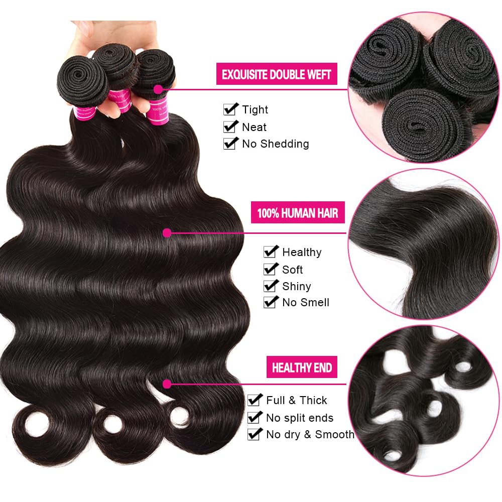 Body Wave Bundles with Closure (20 22 24+18) Brazilian Human Hair 3 Bundles with 4x4 HD Lace Closure 100% Unprocessed Virgin Hair Body Wave Bundles Human Hair Natural Color for Black Women