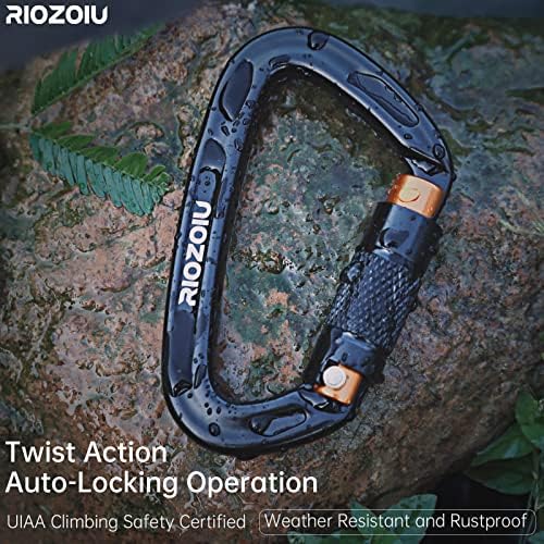 UIAA Certified Auto Locking Climbing Carabiner Clips 25KN Heavy Duty Large Locking Carabiner Clips for Rock/Ice Climbing Rappelling D Shaped 3.93 Inch, Large Size, Black