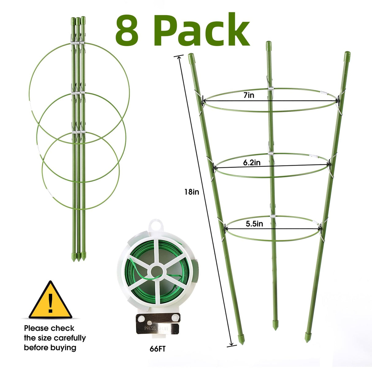 8 Pack Tomato Cage Plant Support Cages for Garden, 18 inches Tomato Trellis for Climbing Plants, Upgrade Garden Plant Stakes with Adjustable Ring, Tomato Rings for Support