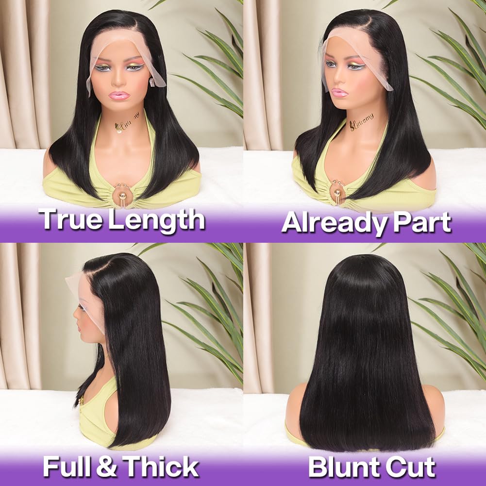 HIRIREMY Bob Wig Human Hair 13x4 Frontal Lace Wig Short Straight HD Lace Front Bob Wigs for Black Women Human Hair Glueless Pre Plucked Hairline with Baby Hair 180% Density 16 Inch