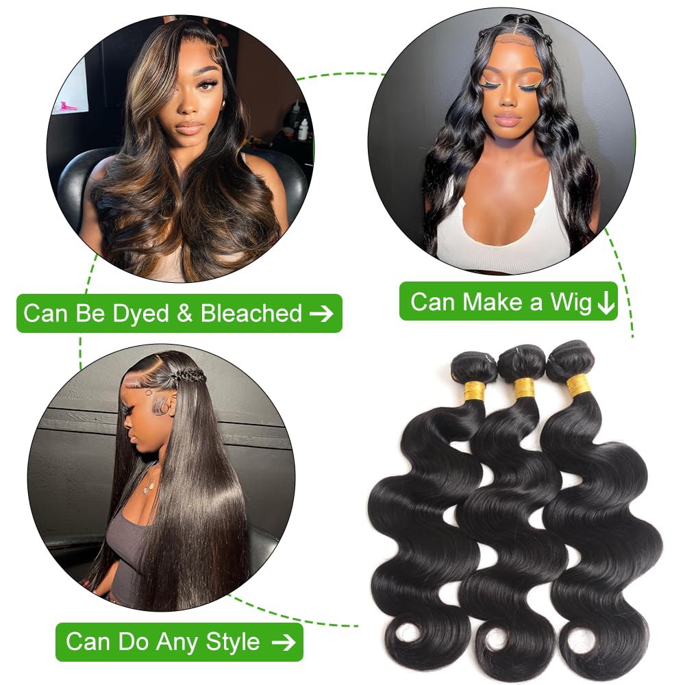 Lemeiily Human Hair Bundles 16 18 20 Inch Body Wave Bundles Human Hair 100% Unprocessed Brazilian Virgin Hair Quick Weave Bundles Human Hair 3 Bundles Deals Real Human Hair Extensions Natural Black