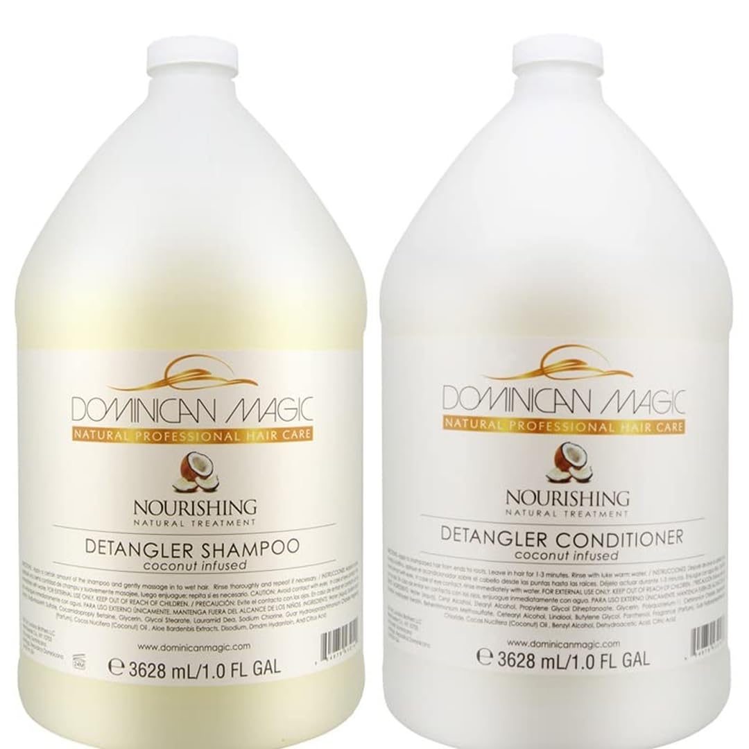 Dominican Magic Coconut Detangler Shampoo and Conditioner - Natural Hydrating Shampoo and Conditioner with Coconut Oil and Aloe Vera for Dry Hair, (1 Gal x 2)