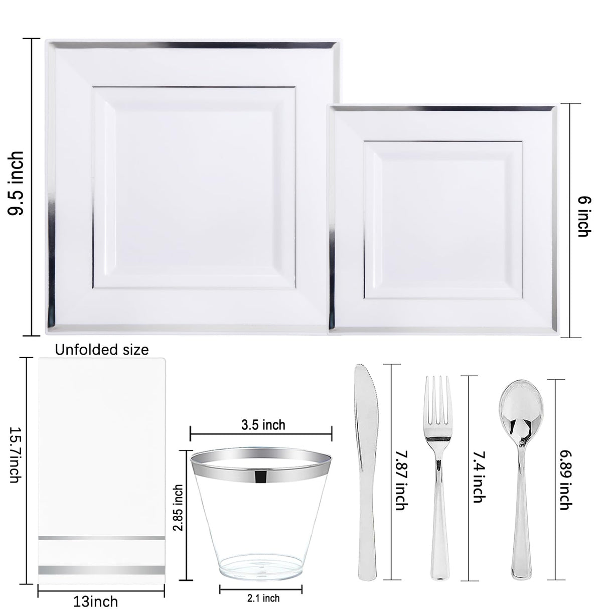 Festiva 350Pcs Silver Plates - Silver Square Plastic Plates 9 .5" and 6" - serve for 50 guests include 50 Cups 50Plastic Cutlery 50Hand Napkins Perfect for Party&Wedding&Birthday&Christmas
