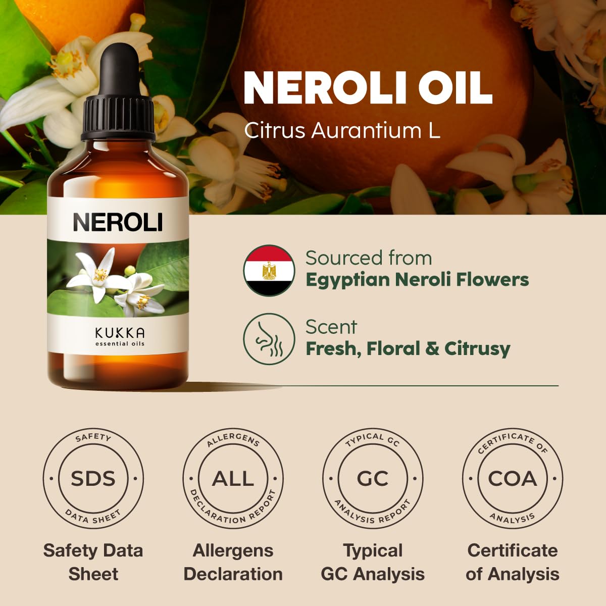 Kukka Neroli Essential Oil for Diffuser Skin - 4 Fl Oz - 100% Pure Natural Neroli Oil, Floral Scent, for Aromatherapy, Candle, Bath Bomb & Soap Making Scent DIY