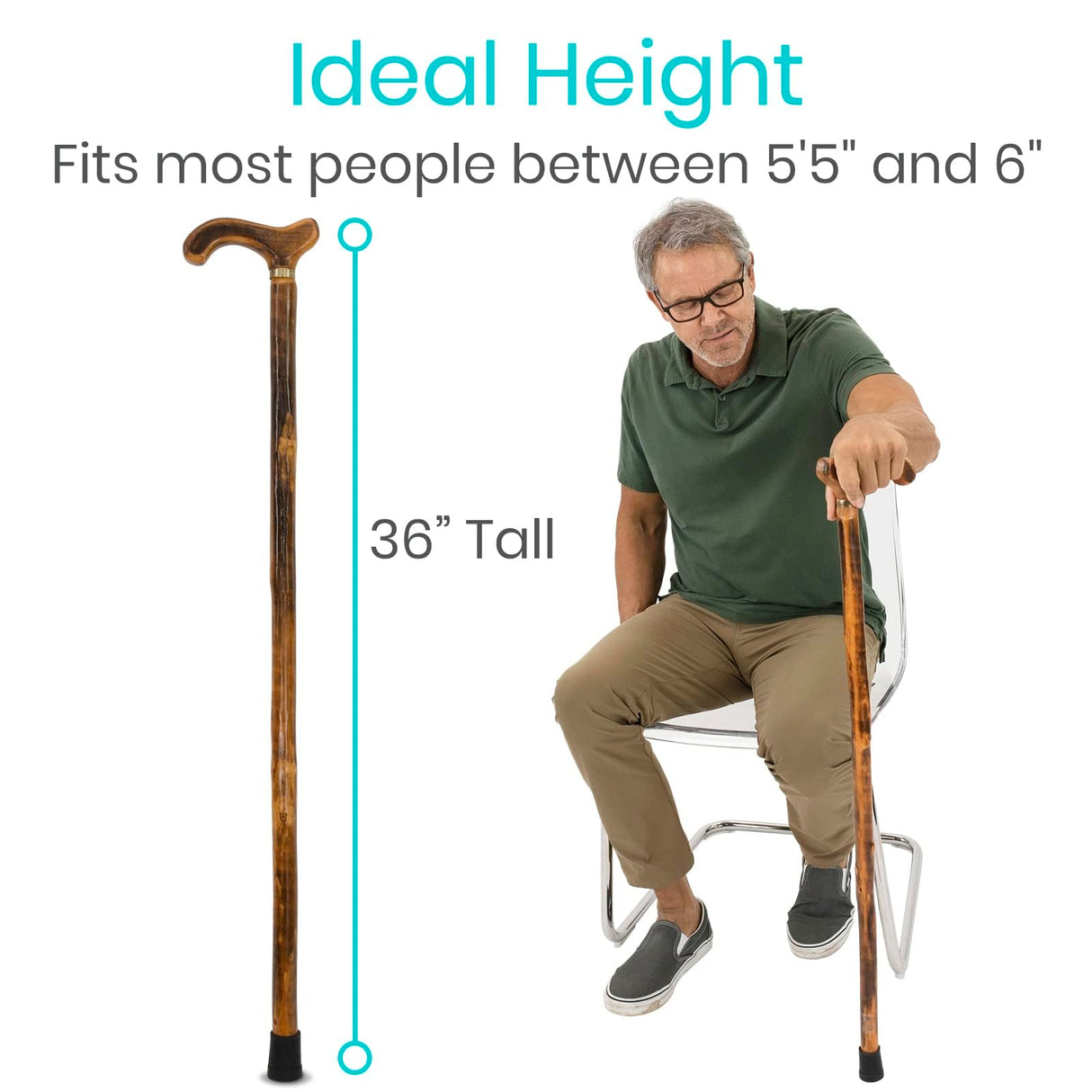 Vive Wooden Walking Stick Cane - for Men, Women, & Seniors - 36 Inch Single Point Rubber Tip with Willow Handle - Ergonomic Grip for Balance & Stability - Lightweight Elderly Assistance Product (Wood)