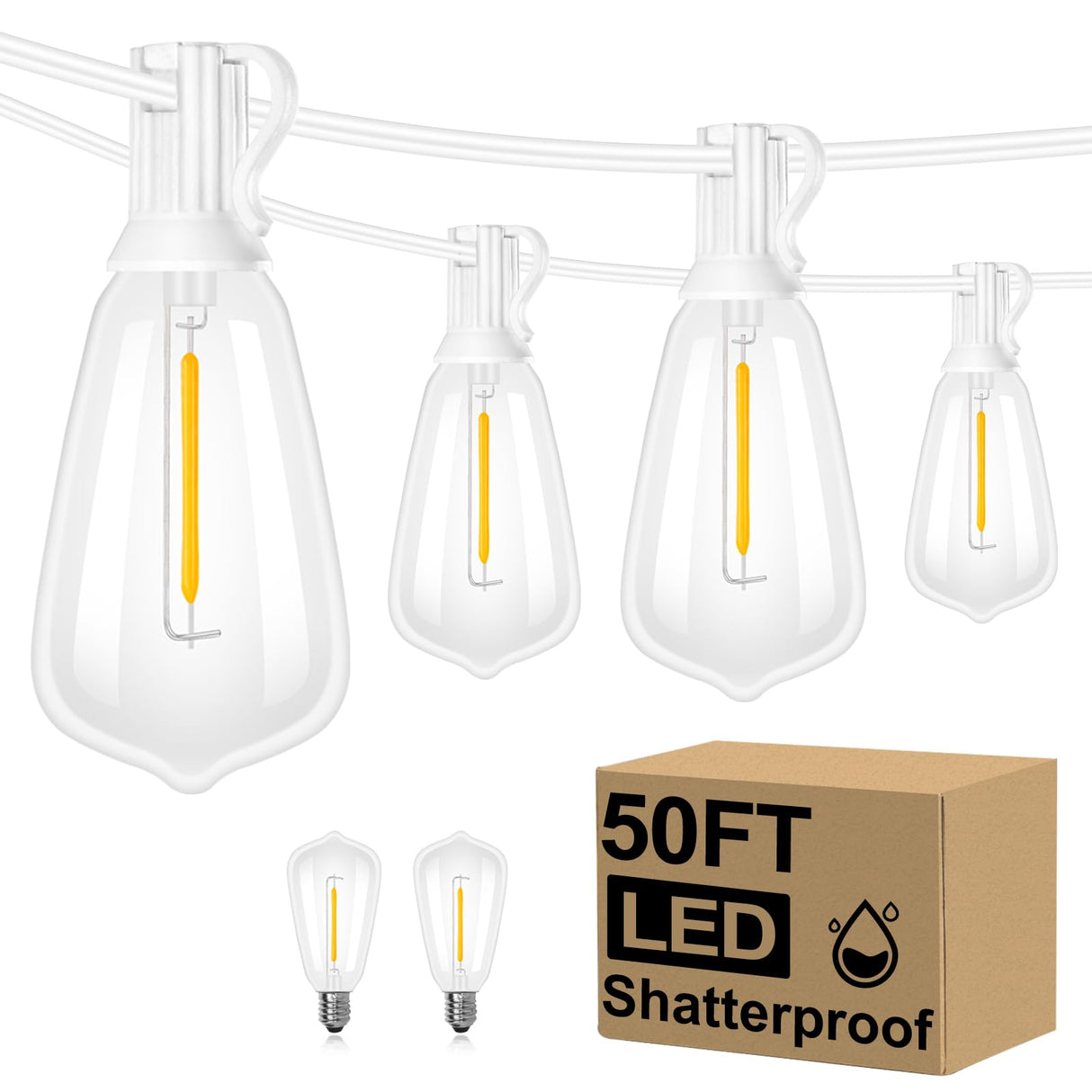 Brightever 50FT Outdoor String Lights Weatherproof, Patio Lights with 25+2 ST38 Edison Shatterproof Bulbs, Commercial Grade Warm White LED String Lights Decorative for Christmas, Wedding, Party, White