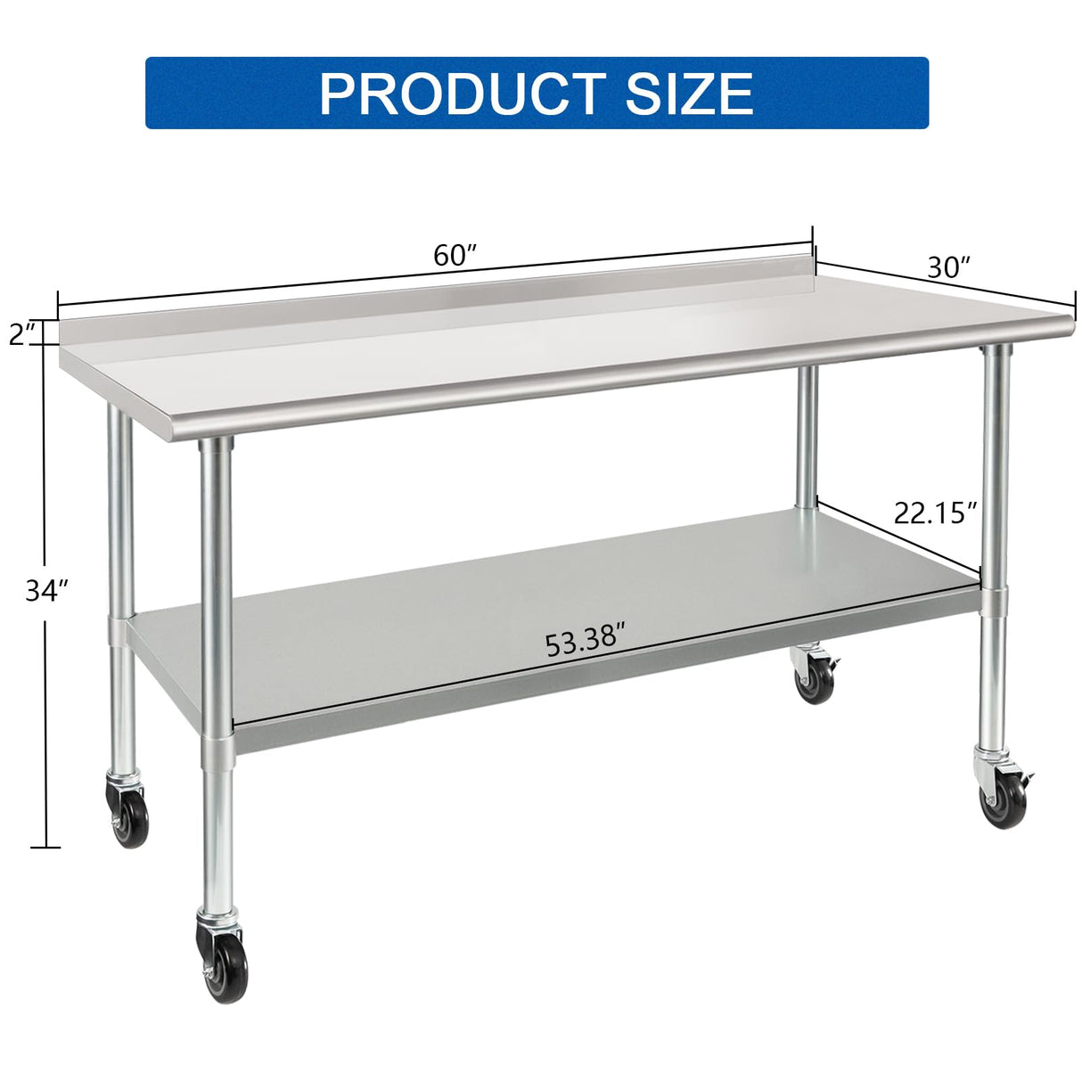 HARDURA Stainless Steel Table 30 x 60 Inches with Wheels Casters NSF Heavy Duty Commercial Prep Table with 2” Backsplash and Adjustable Undershelf for Restaurant Kitchen Home and Hotel