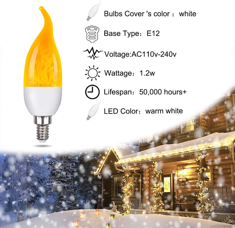 Venforze E12 6 Pack 3 Mode LED Candelabra Flame Light Bulbs, 1.2W Warm White, 1800k Candle Light, Flame Tip for Christmas Party Decorations