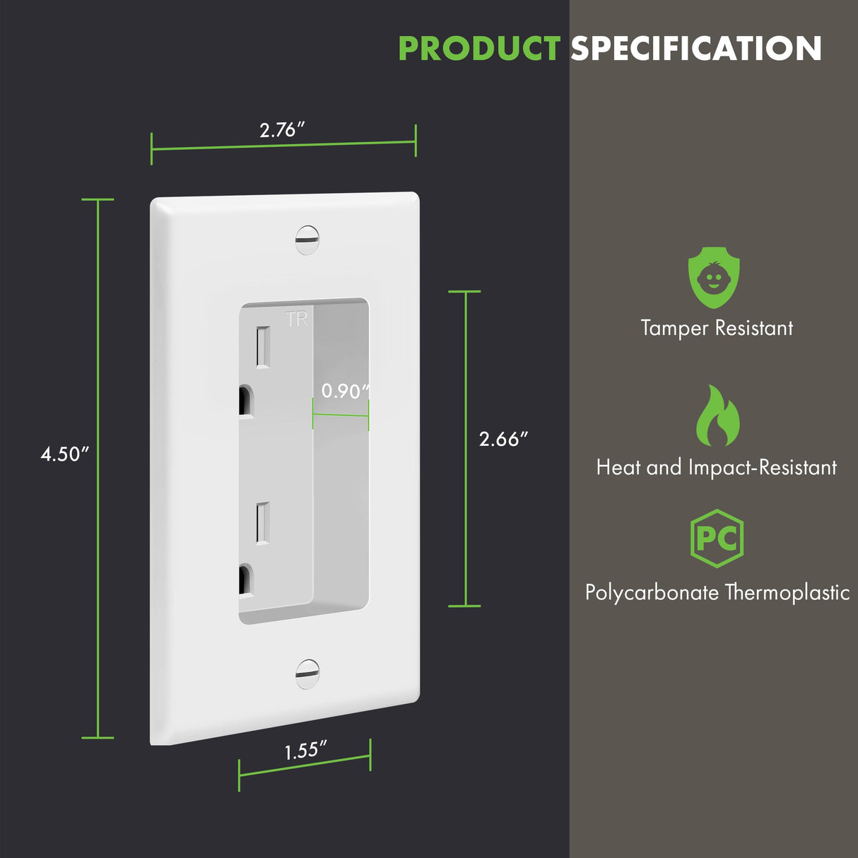 TOPGREENER Recessed Duplex Receptacle Outlet, Tamper-Resistant, Size 1-Gang 4.48" x 2.76", 15A 125V, TG15RD31-2PCS, White, 2 Pack