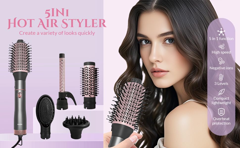 5 in 1 Negative Ion Hair Dryer Brush Blow Dryer Brush Set, Hot Air Styler with Multiple Lengths Suitable for Variable Needs for Hair Curling, 3 Temperature and Wind Settings, Travel Bag Easy to Carry