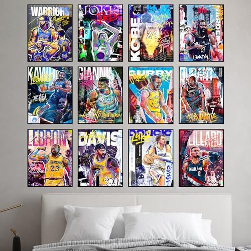 BigWig Prints Basketball Posters - Nba Posters, Basketball Room Decor, Nba Room Decor, Steph Curry, Kobe Bryant Wall Art, Kevin Durant, Lebron Wall Art, Warriors, Lakers - Unframed Set of 12 (8x10)