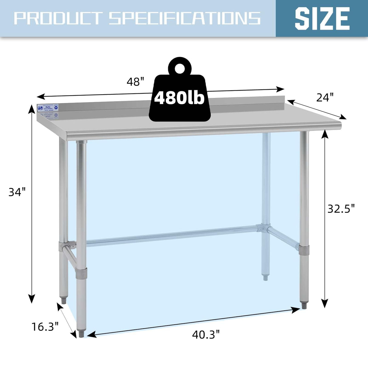 Hally Open Base Stainless Steel Table 24 x 48 Inches, NSF Commercial Heavy Duty Prep & Work Table with Backplash and Galvanized Legs for Restaurant, Home and Hotel
