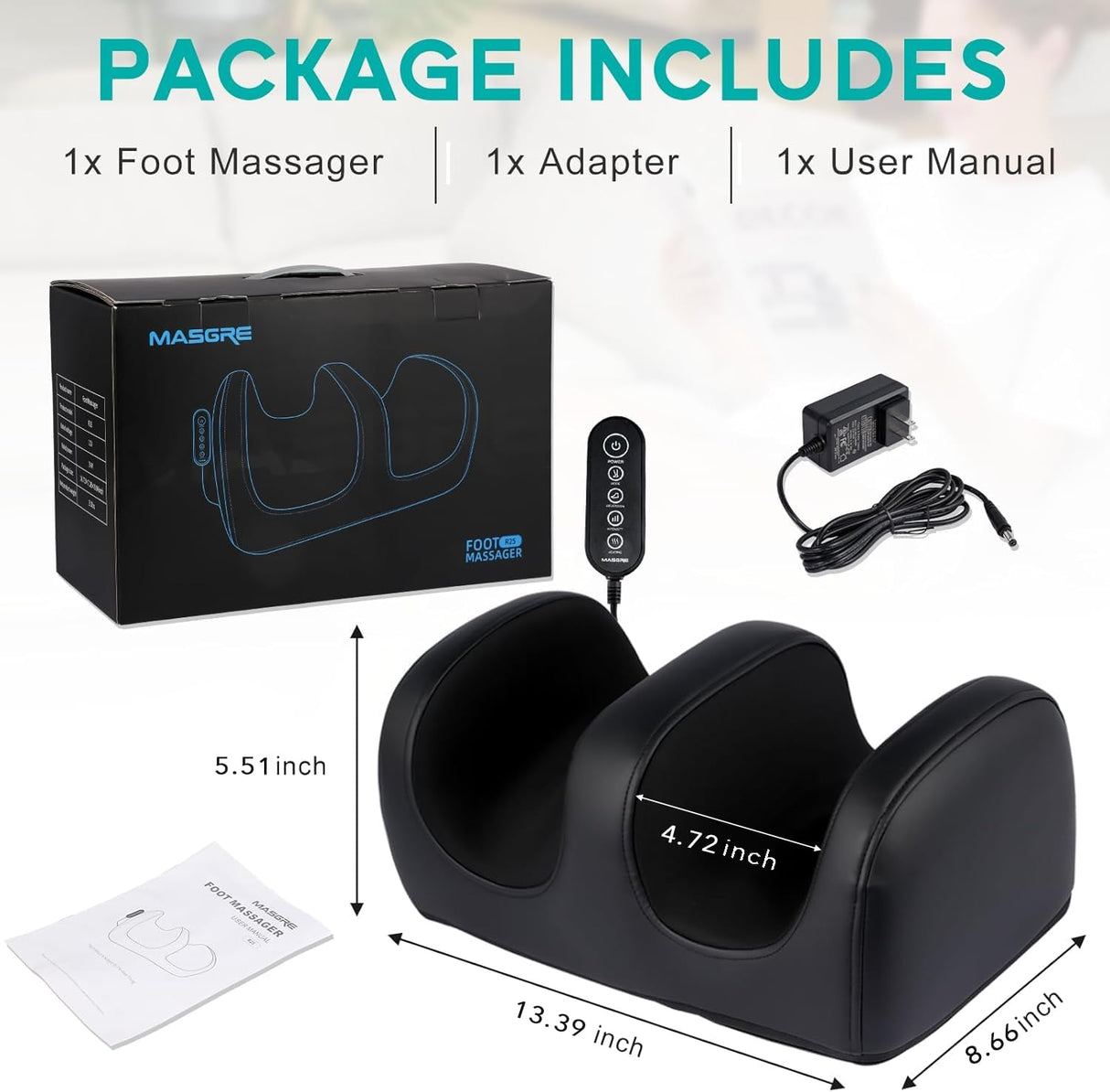 MASGRE Electric Foot Massager Machine with Heat, Shiatsu Kneading Feet and Calf Massagers for Relaxation, Plantar Fasciitis Relief, Deep Tissue Massage, Gifts for Mom & Dad, Wired Remote