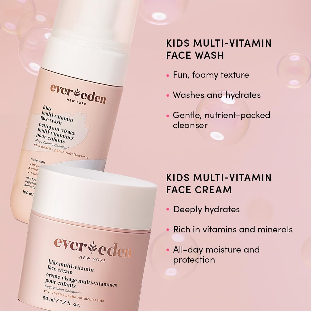 Evereden Happy Kids Skin & Lips Routine - Multi-Vitamin Face Wash & Face Cream Peach & Tinted Lip Oil Sakura Pink Set - Clean & Vegan Skin Care for Kids 3+ - Moisturizing, Nourishing, & Protective