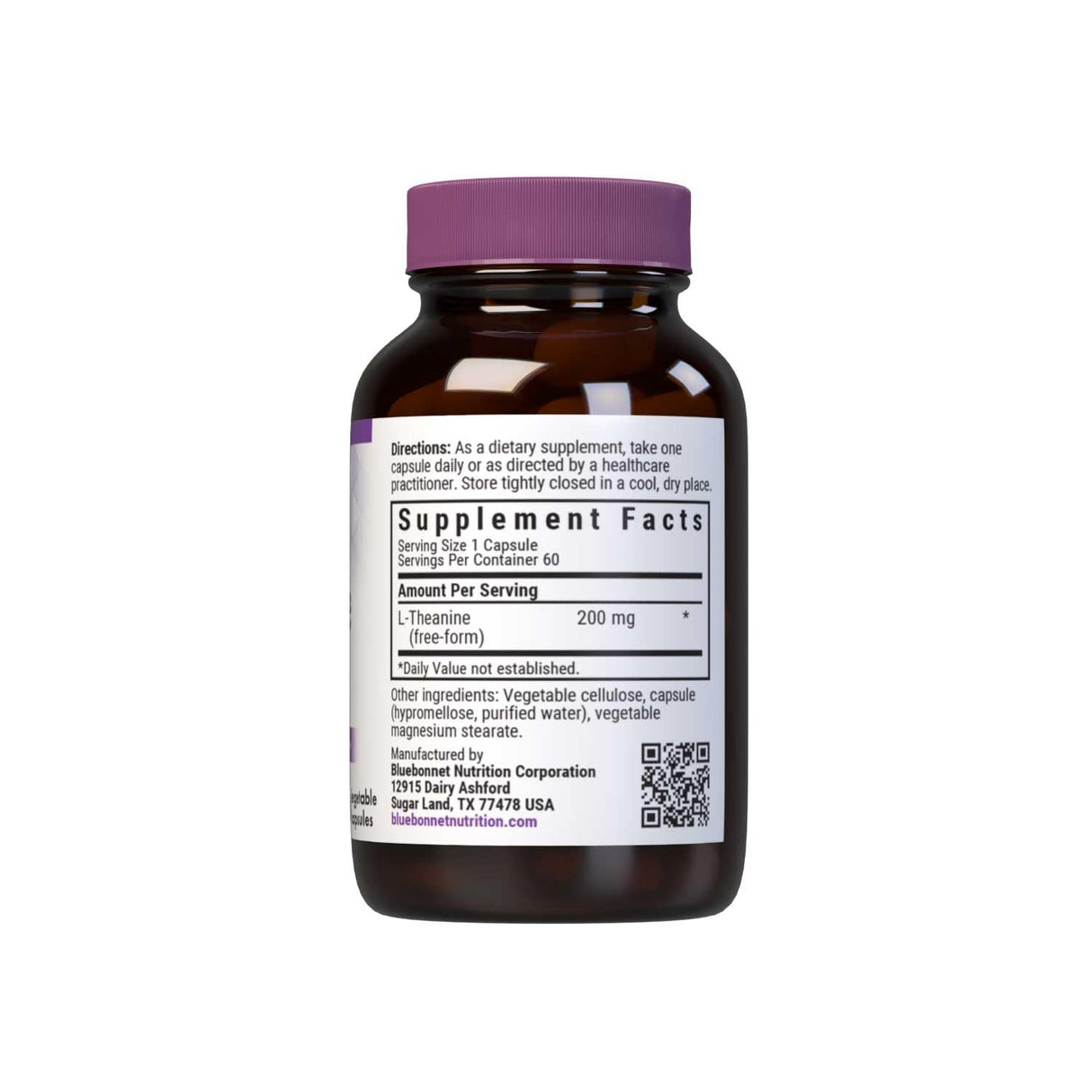 Bluebonnet Nutrition L-Theanine 200mg, Free-Form Amino Acid, Promotes Relaxation*, Soy-Free, Gluten-Free, Non-GMO, Kosher Certified, Vegan, 60 Vegetable Capsules, 60 Servings